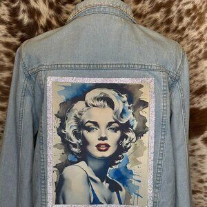 Eye Catching Marilyn Monroe Rhinestone accent UpCycled Jean jacket- L